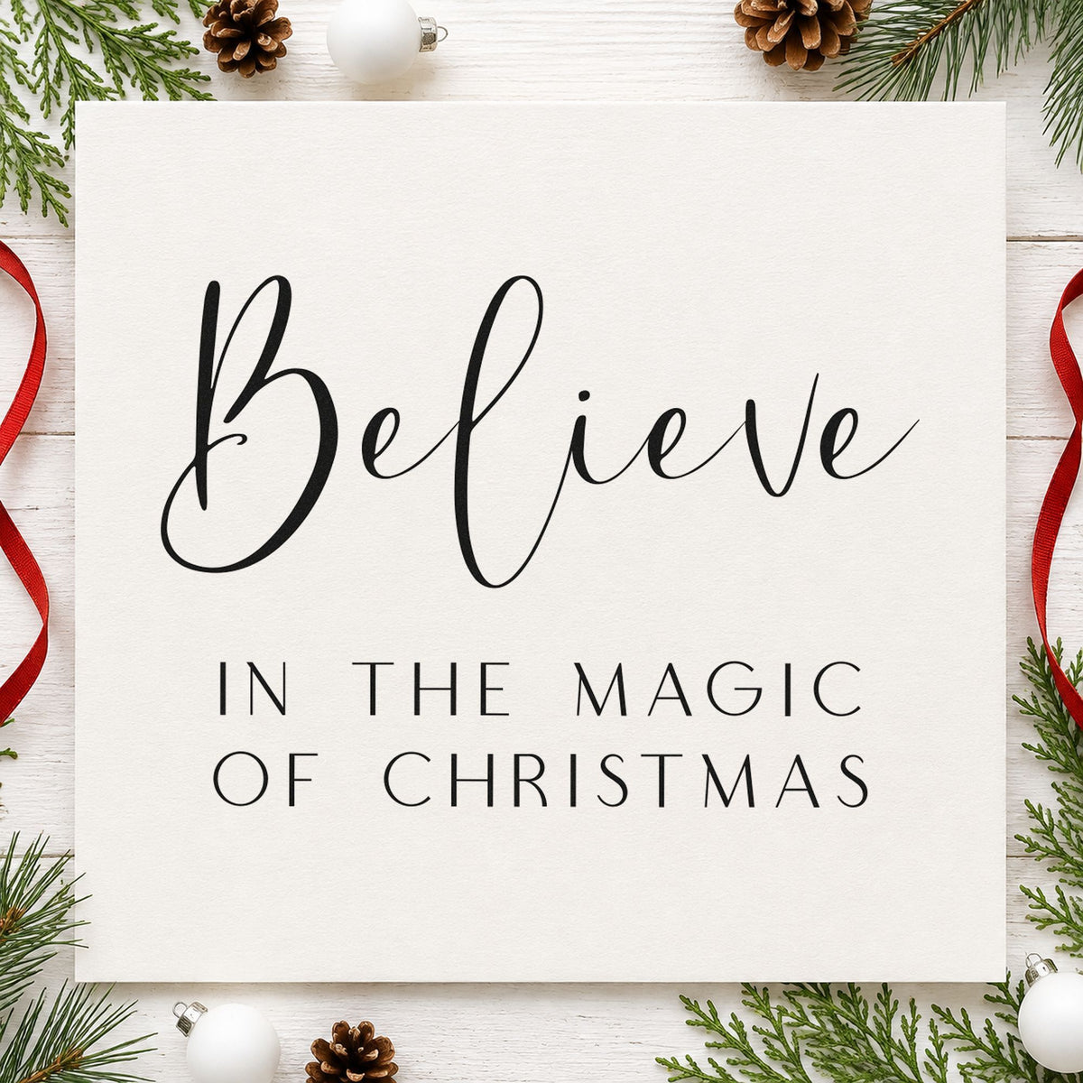 Believe In Magic Of Christmas rubber stamp printed in black ink, ready for script over spaced cards and similar paper crafts.
