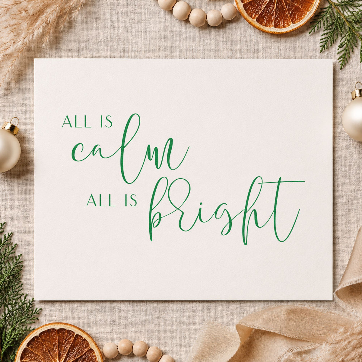 All Calm All Bright Lettering craft stamp imprinted in green ink on paper, a design suited to framed pattern print.
