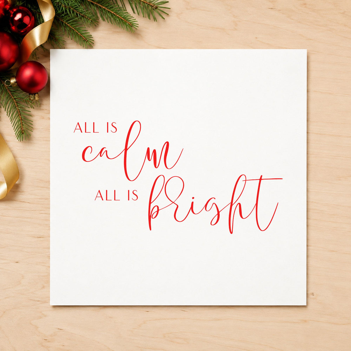 All Calm All Bright Lettering rubber stamp shown in red ink, stamped for projects such as shelf row labels.