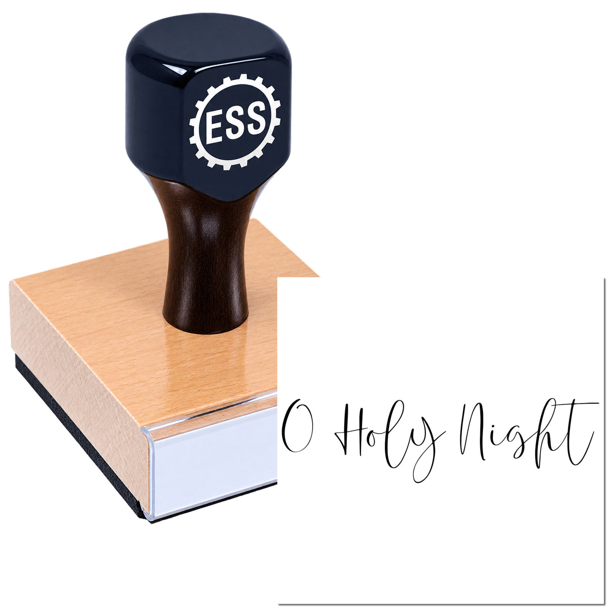 Black ESS stamp and seal with copper base, showing "O Holy Night" script on white background.