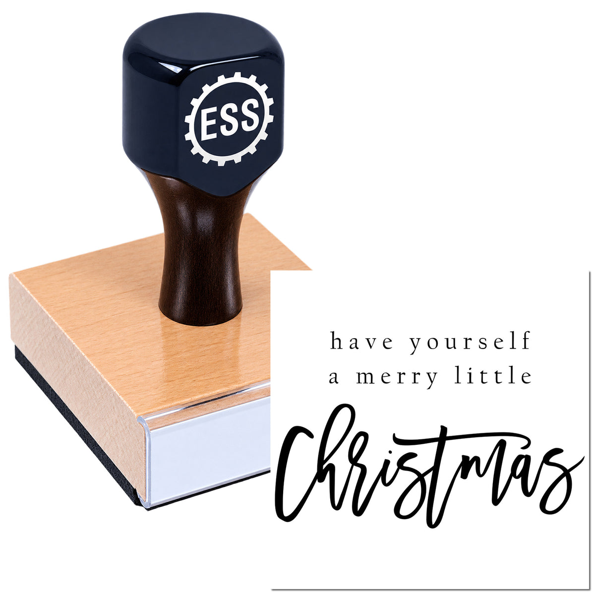 Black ESS stamp and seal on pink rubber base with "have yourself a merry little Christmas" text.