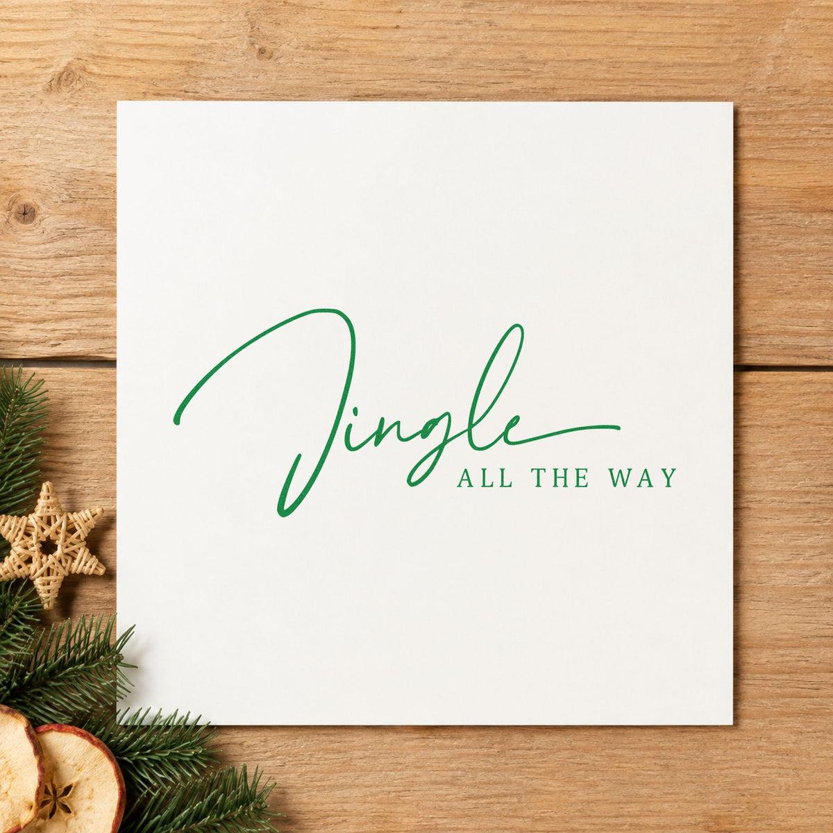 Jingle All The Way Fine craft stamp imprinted in green ink on paper, a design suited to framed glass mount.