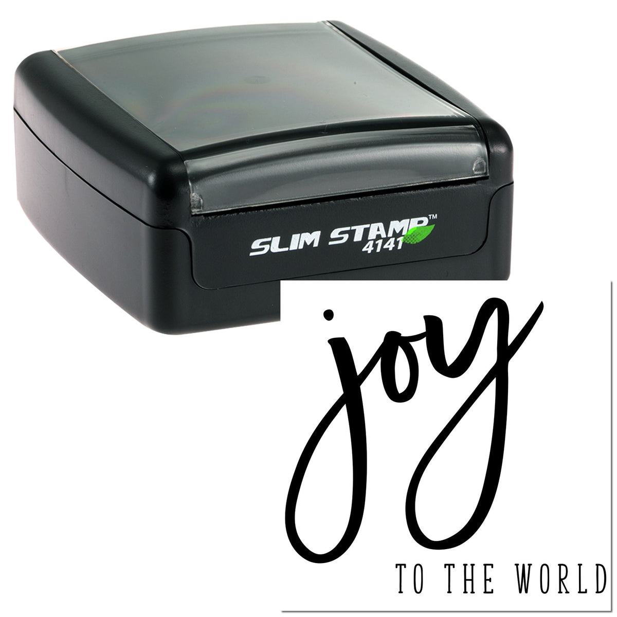 Black Slim Stamp 4141 self-inking stamp with white seal reading joy to the world