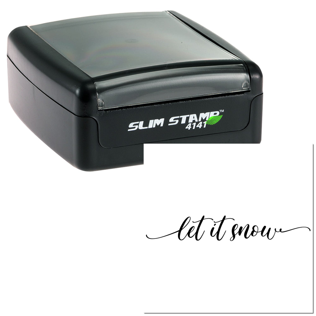 Black slim self-inking stamp with gray lid beside white seal card and black let it snow script.