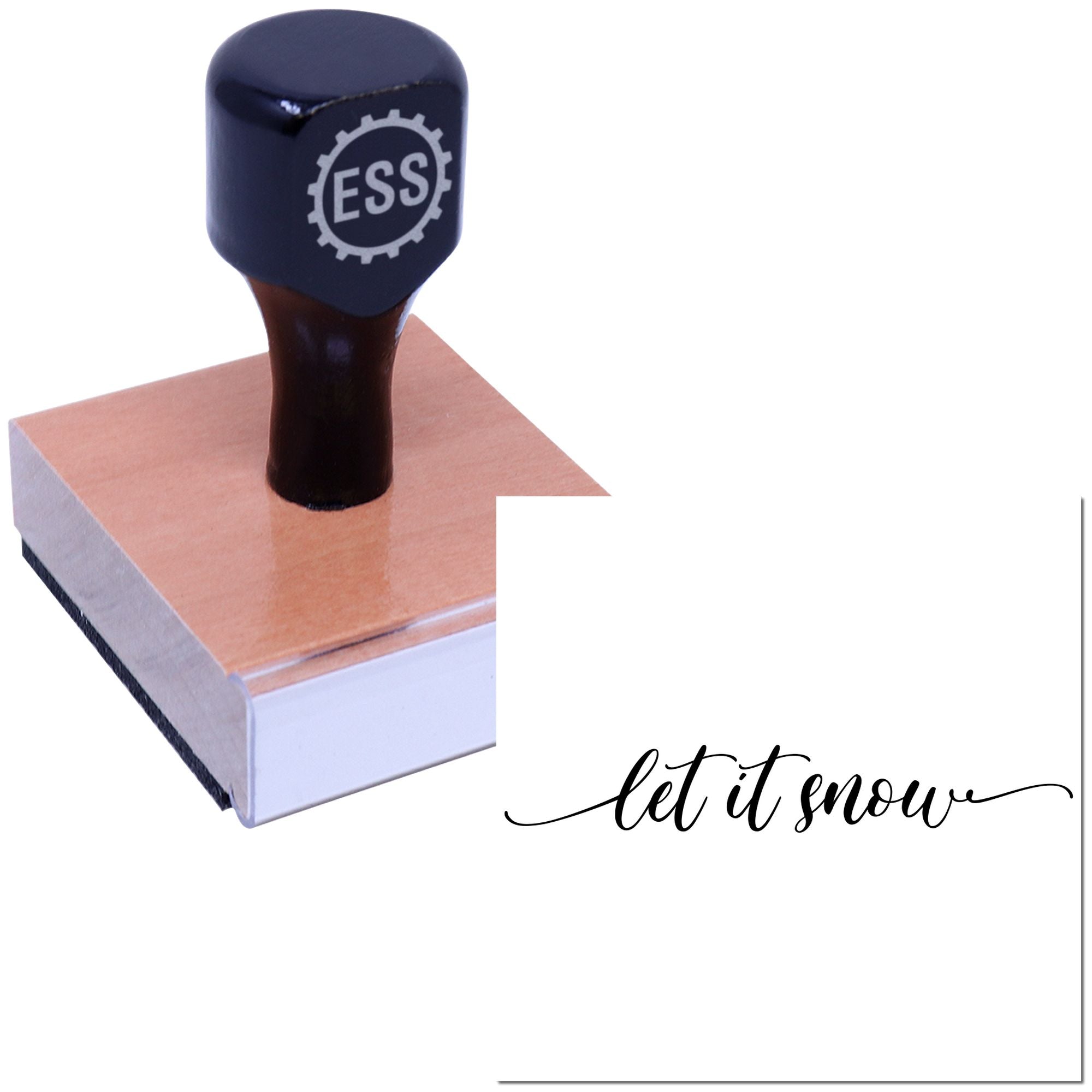 Black ESS rubber stamp and copper seal block, with let it snow script on a white background.
