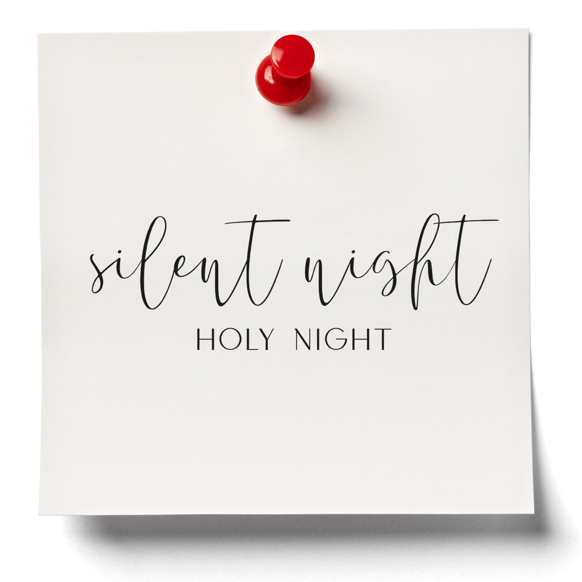 White card featuring a red wax-style seal stamp and black lettering reading silent night and HOLY NIGHT.