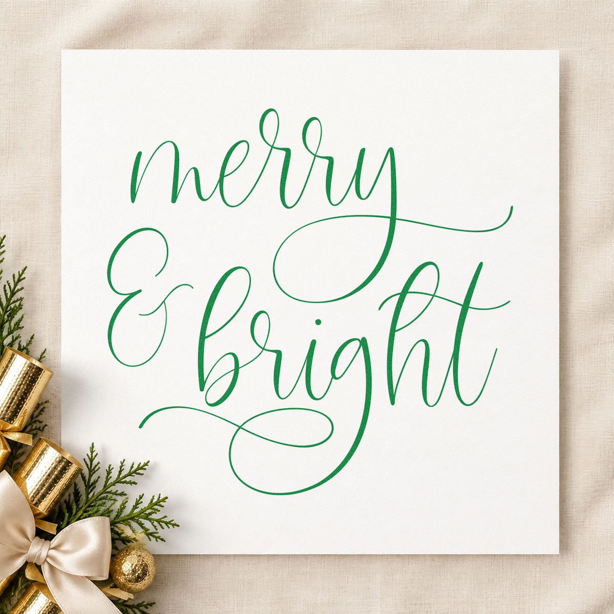 Merry And Bright Looped Script craft stamp imprinted in green ink on paper, a design suited to framed studio wall.