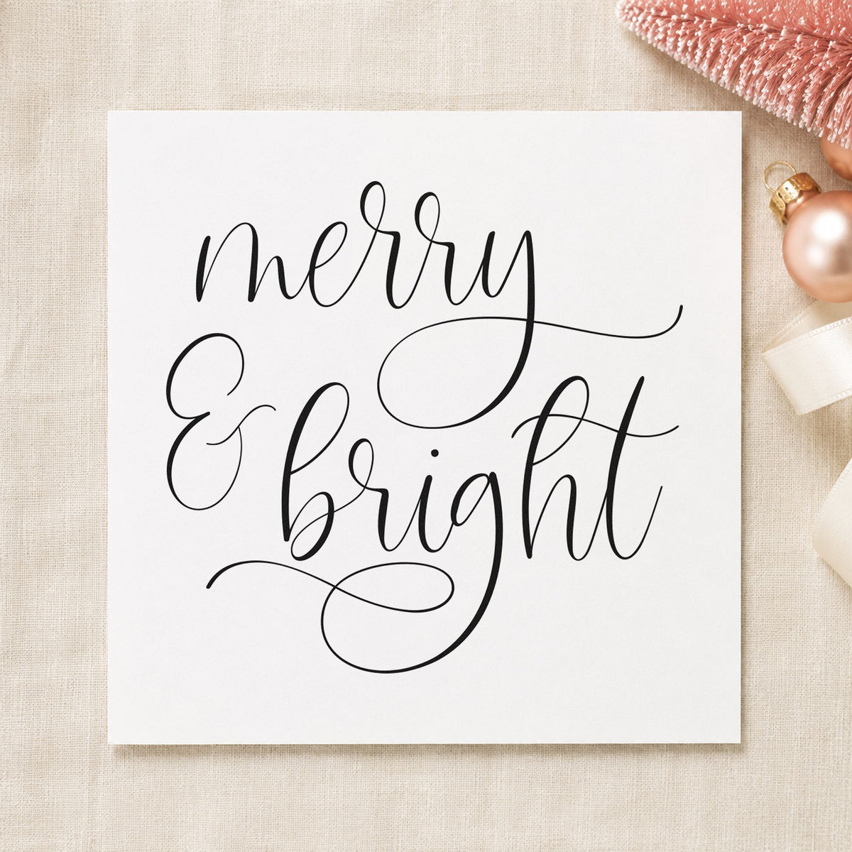 Merry And Bright Looped Script rubber stamp printed in black ink, ready for loop calligraphy cards and similar paper crafts.