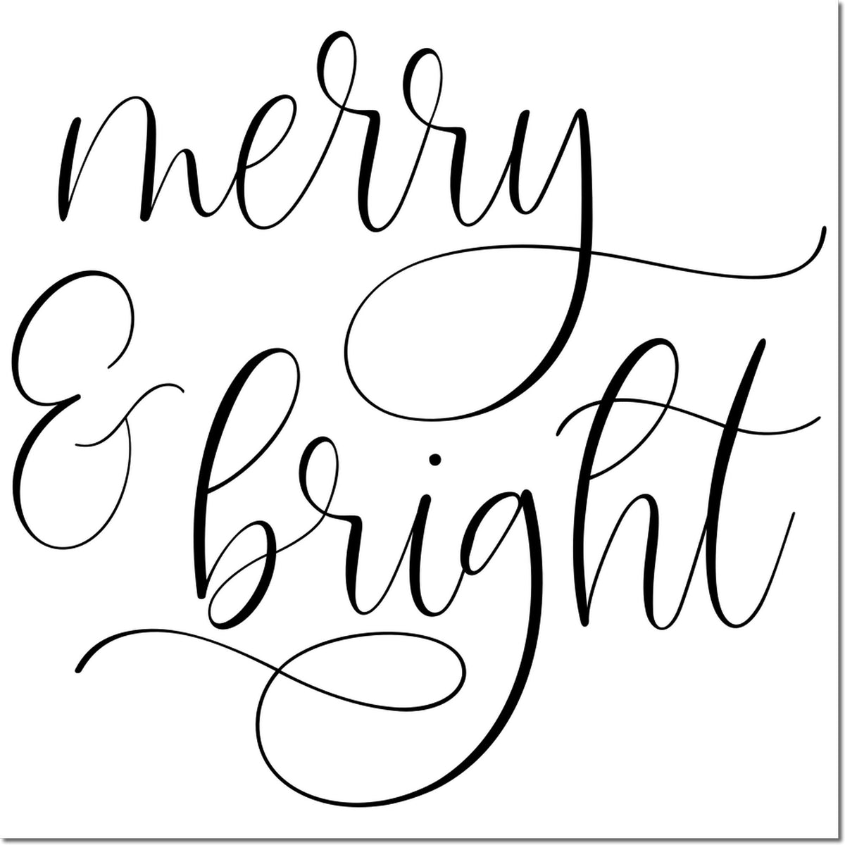 Black script Merry Bright stamp and seal design on white background with flowing calligraphy.