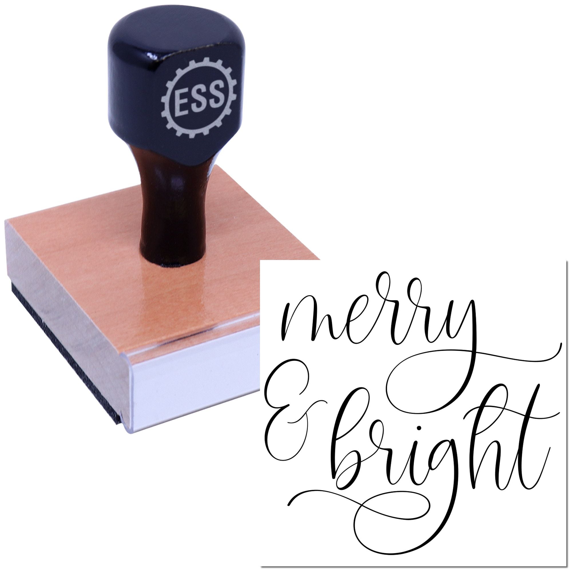 Dark navy ESS stamp on a peach seal block beside a white card with black merry & bright script.