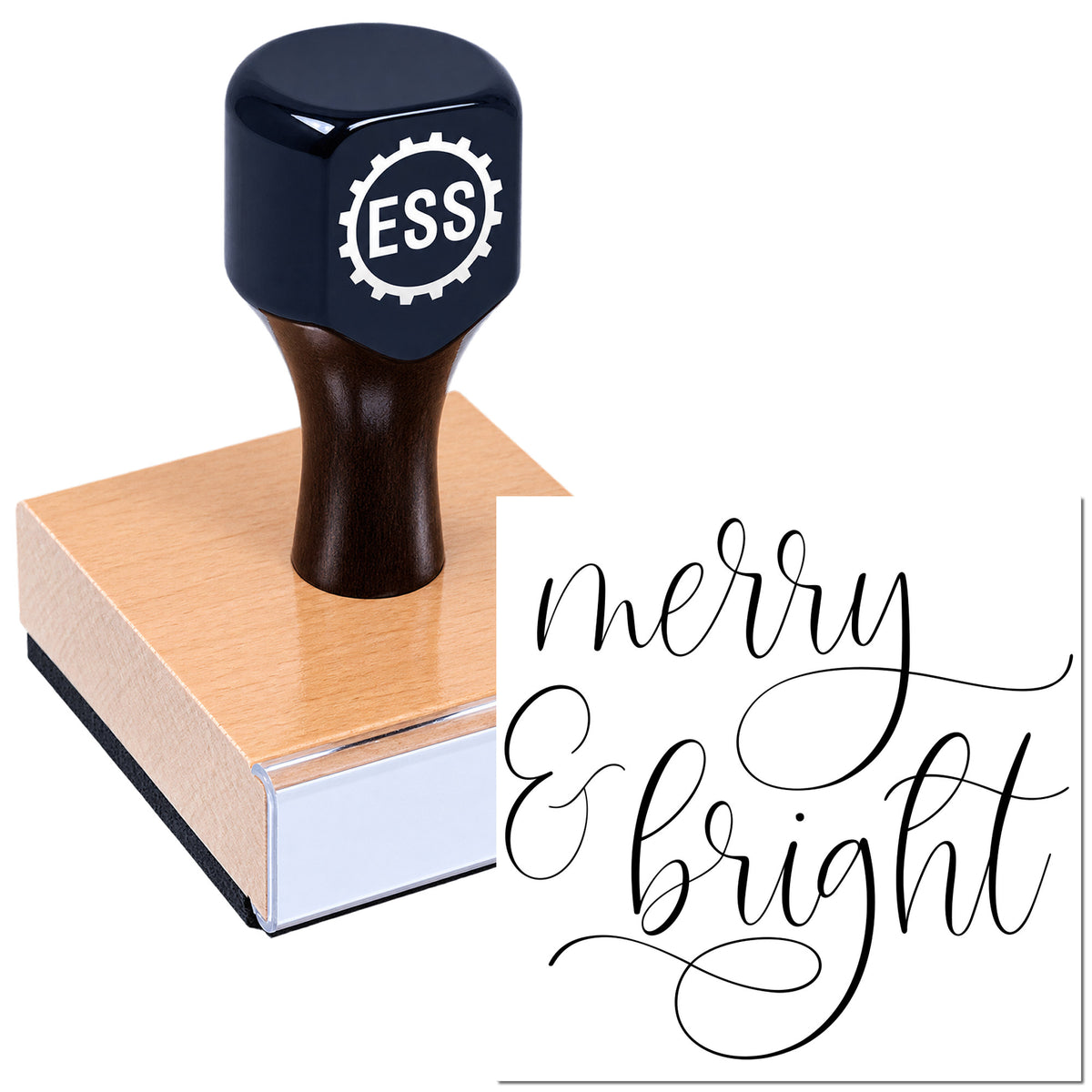 Dark navy ESS stamp on a peach seal block beside a white card with black "merry & bright" script.