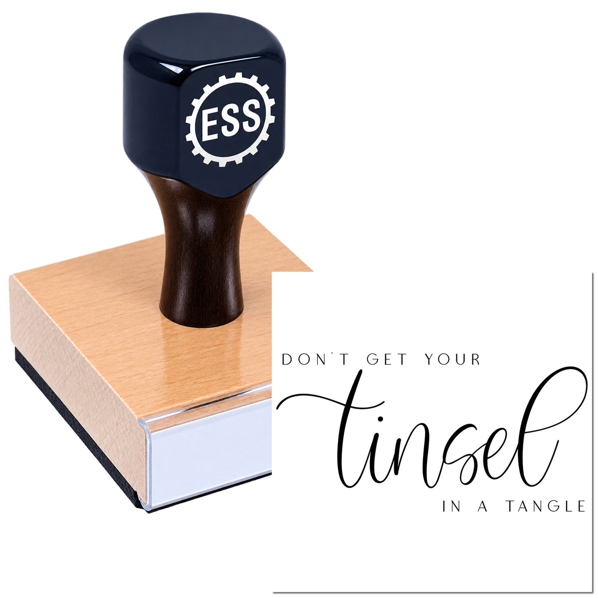 Black ESS rubber stamp and seal with copper base, for clean, tangle-free stamping.