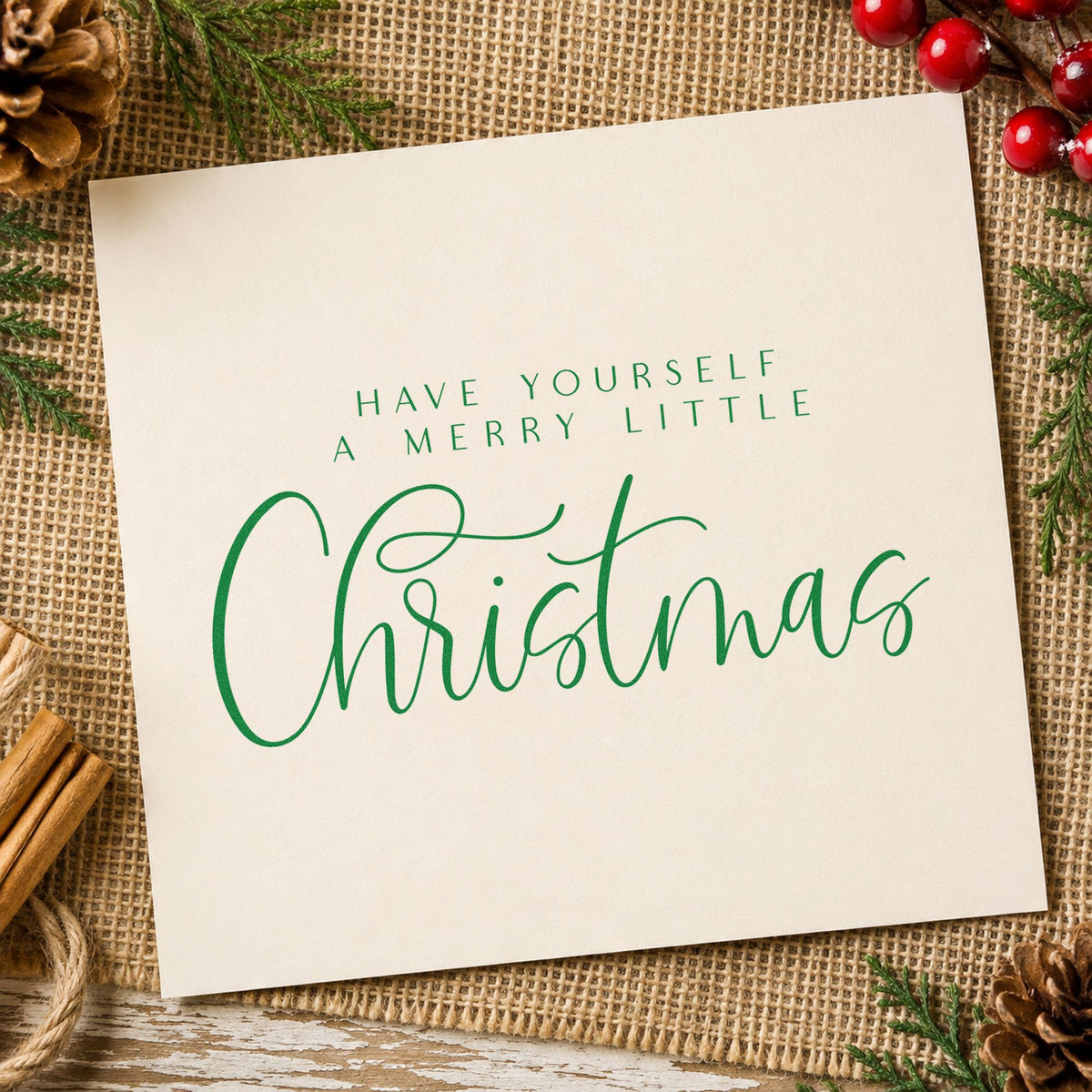 Merry Little Christmas Calligraphy craft stamp imprinted in green ink on paper, a design suited to framed lamp corner.