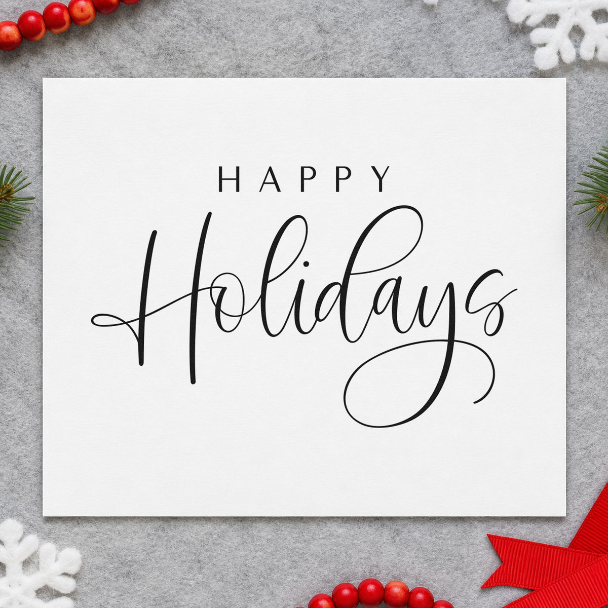 Happy Holidays Thin Calligraphy rubber stamp printed in black ink, ready for envelope plan sheet and similar paper crafts.