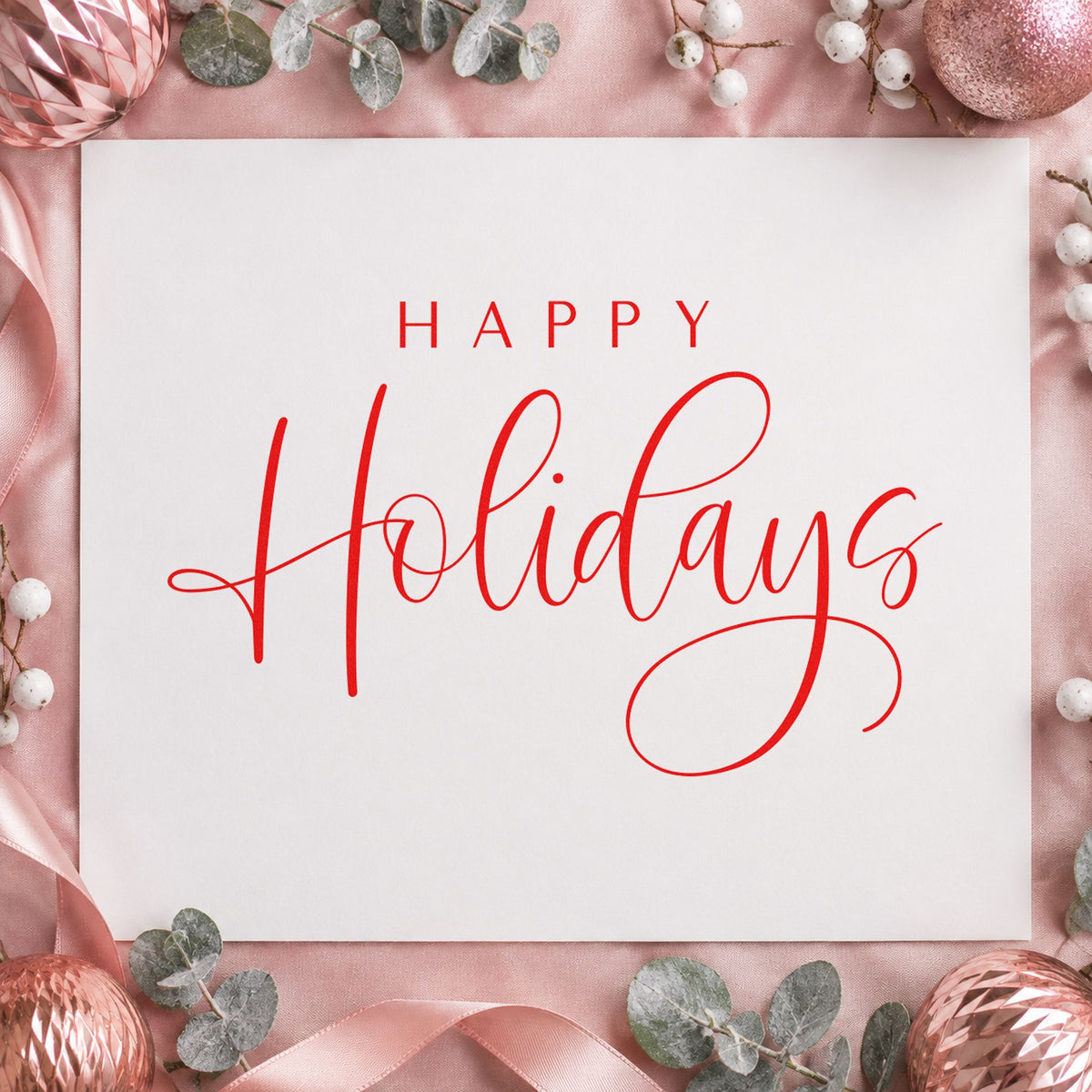 Happy Holidays Thin Calligraphy rubber stamp shown in red ink, stamped for projects such as ink bottle labels.