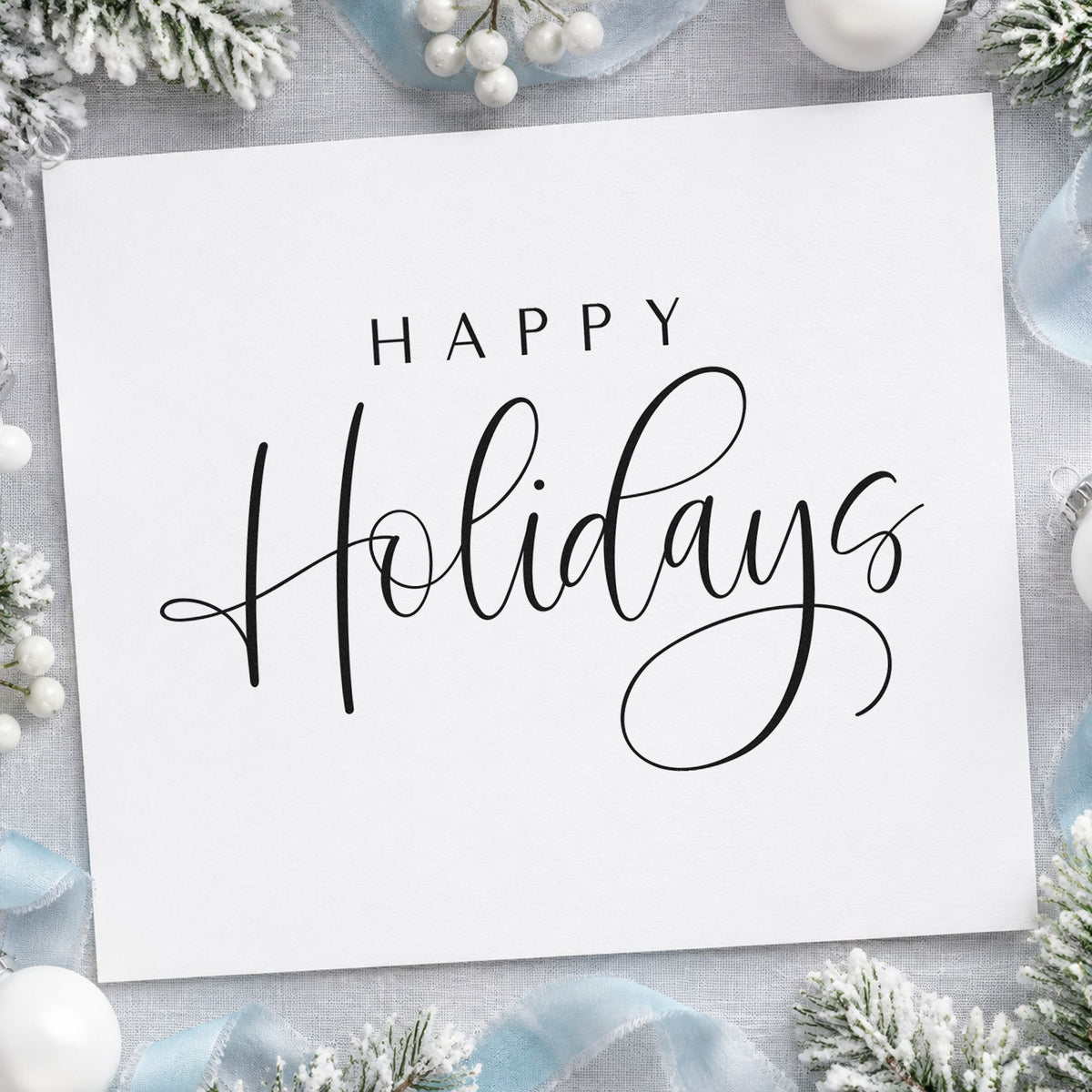 Happy Holidays Thin Calligraphy rubber stamp printed in black ink, ready for spaced and tail cards and similar paper crafts.