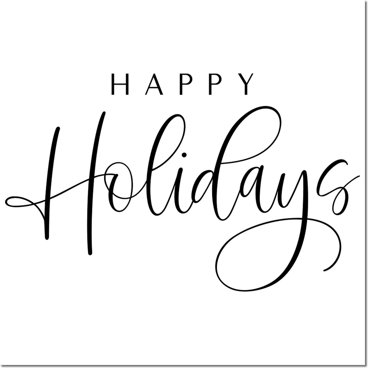 Black Happy Holidays stamp and seal design in elegant script on a white background.