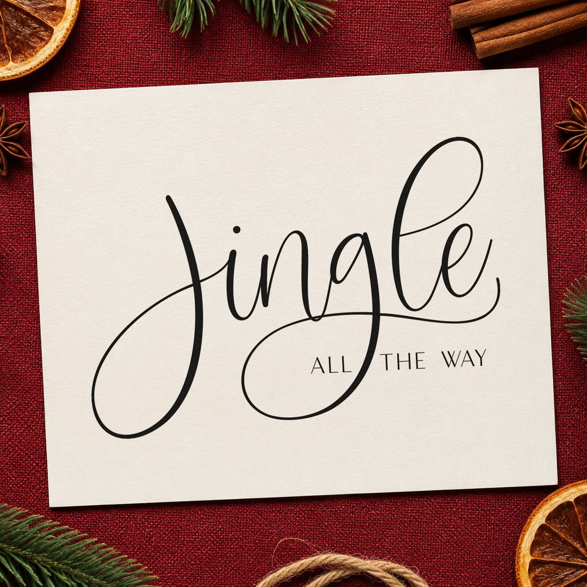 Jingle All The Way Calligraphy craft stamp imprint in black ink on a handmade project, one idea being wide format tags.