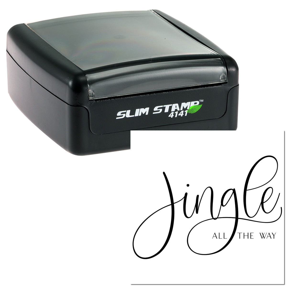Black self-inking Slim Stamp 4141 with gray lid and white seal sample reading Jingle All the Way.