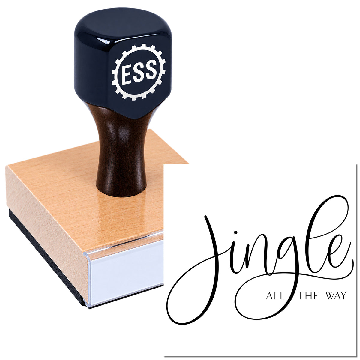 Black ESS stamp and seal on a copper block, with elegant "Jingle all the way" script on a white background.