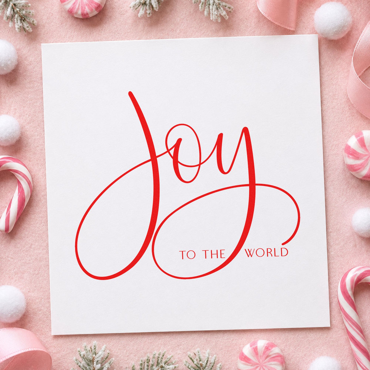 Joy To The World Loops rubber stamp shown in red ink, stamped for projects such as candle jar labels.