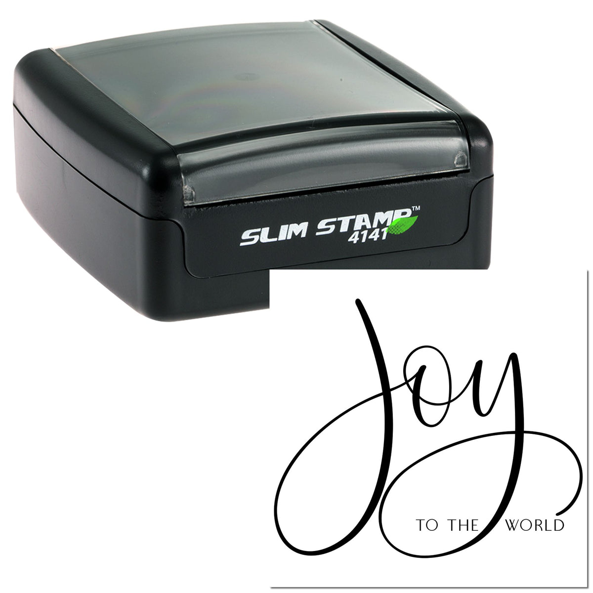Black slim self-inking stamp and seal with clear lid, showing a joy to the world script impression.