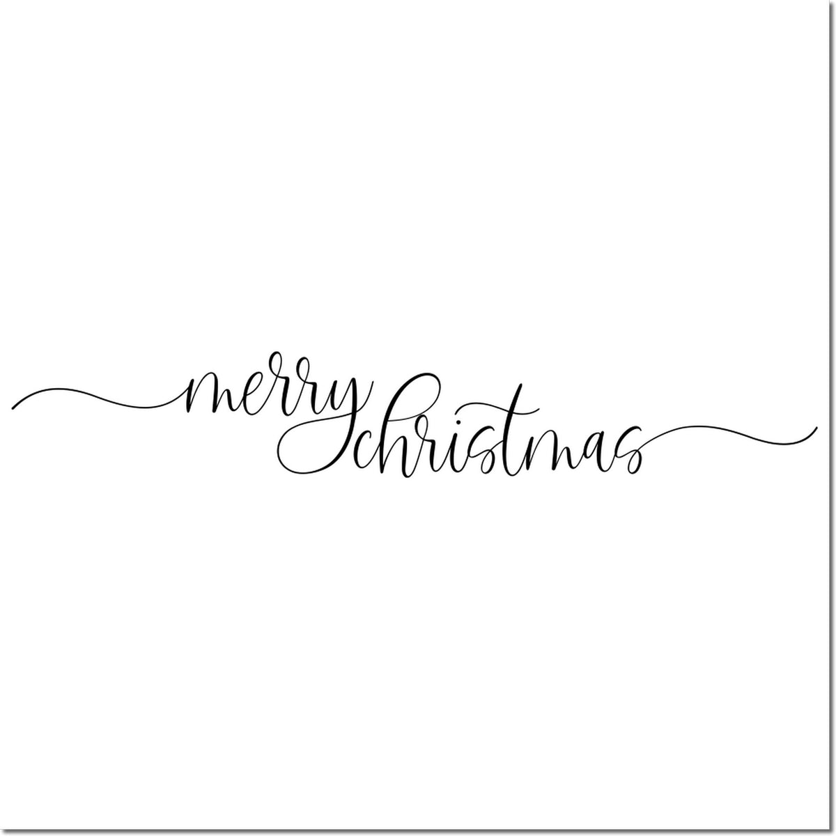 Black Merry Christmas stamp and seal design in elegant script with long decorative swirls on white background.