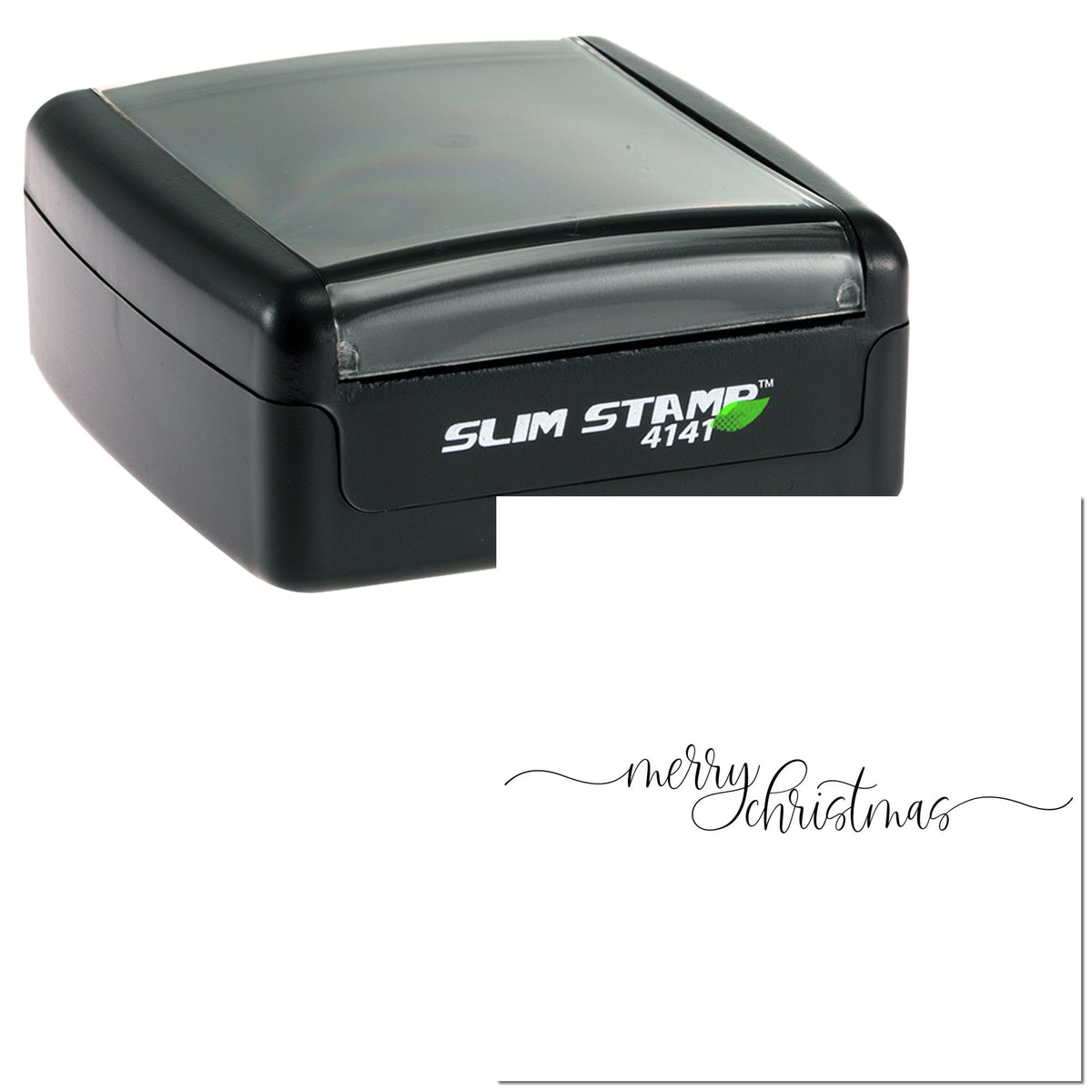 Black Slim Stamp 4141 self-inking stamp with transparent cap and Merry Christmas script seal design.