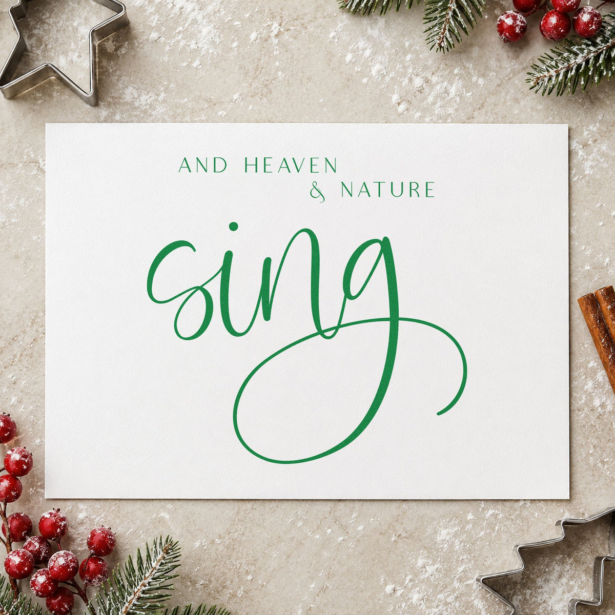 Heaven And Nature Sing craft stamp in green ink on cardstock, an easy option for rehearsal album page.