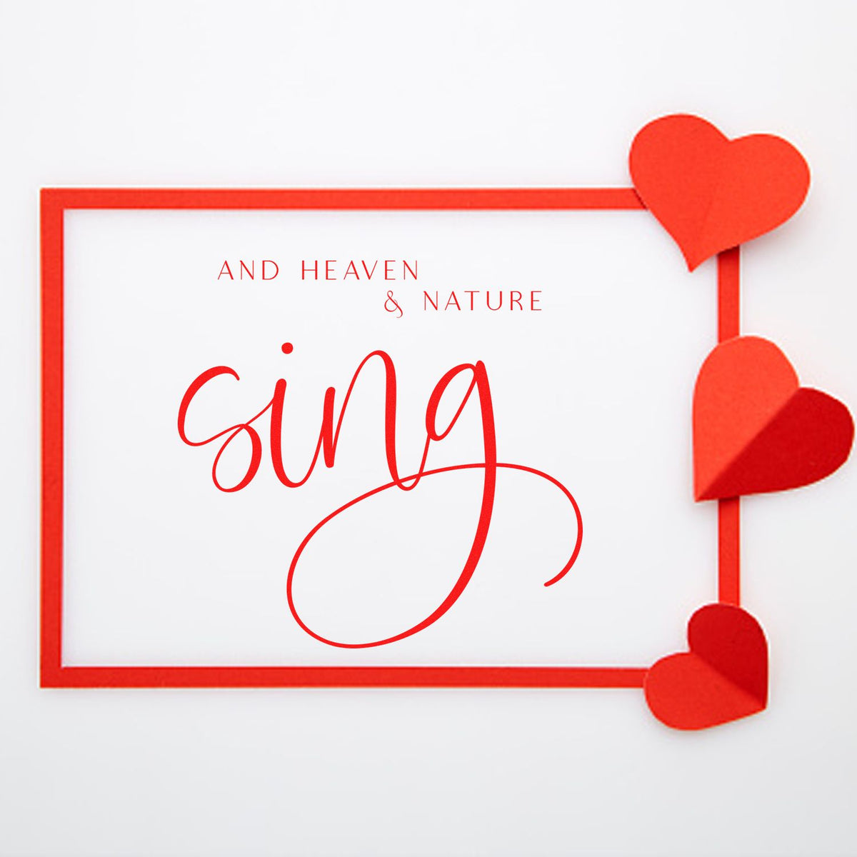 Red stamp and seal design with sing lettering, heart-shaped seals, and a white background.