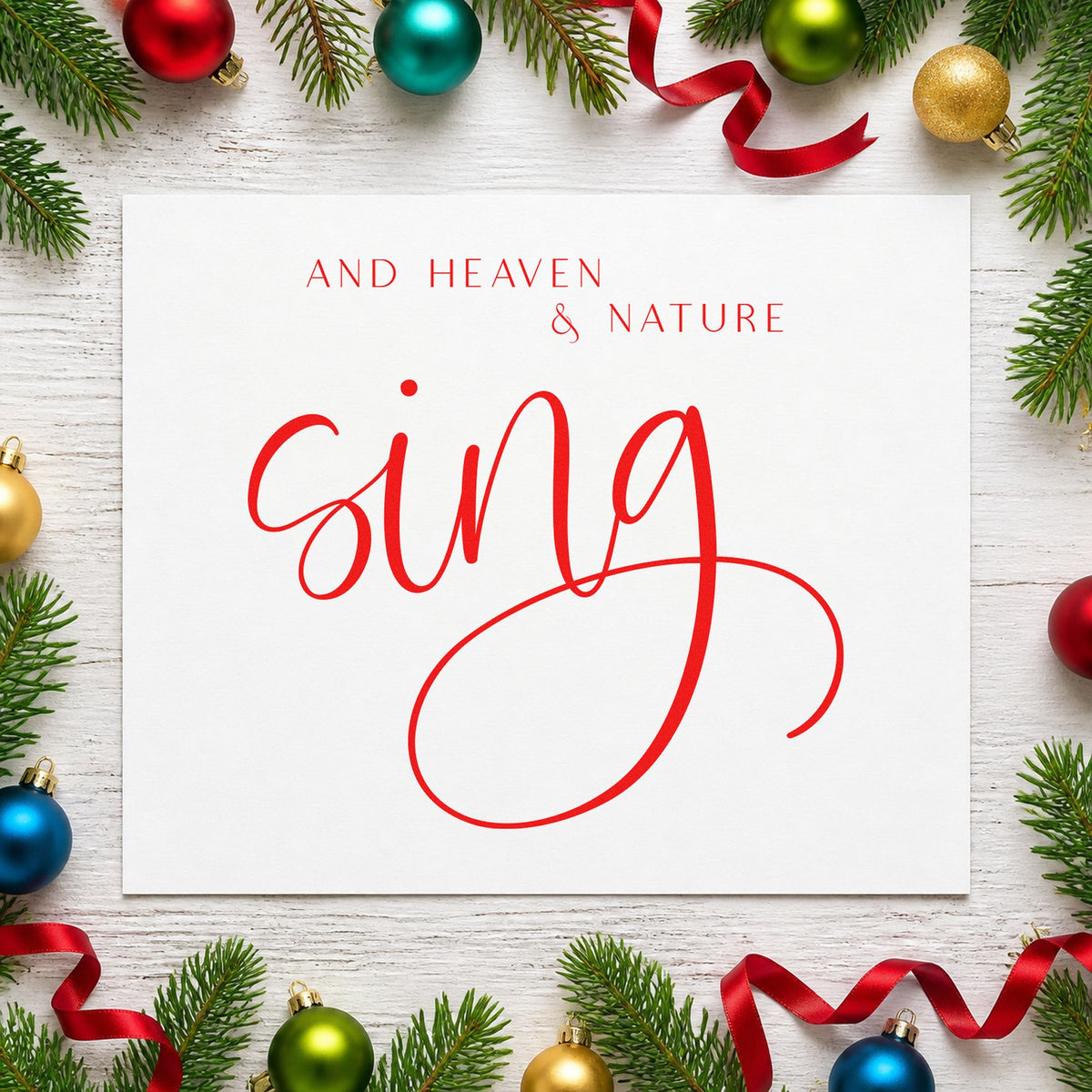 Heaven And Nature Sing rubber stamp shown in red ink, stamped for projects such as score shelf labels.