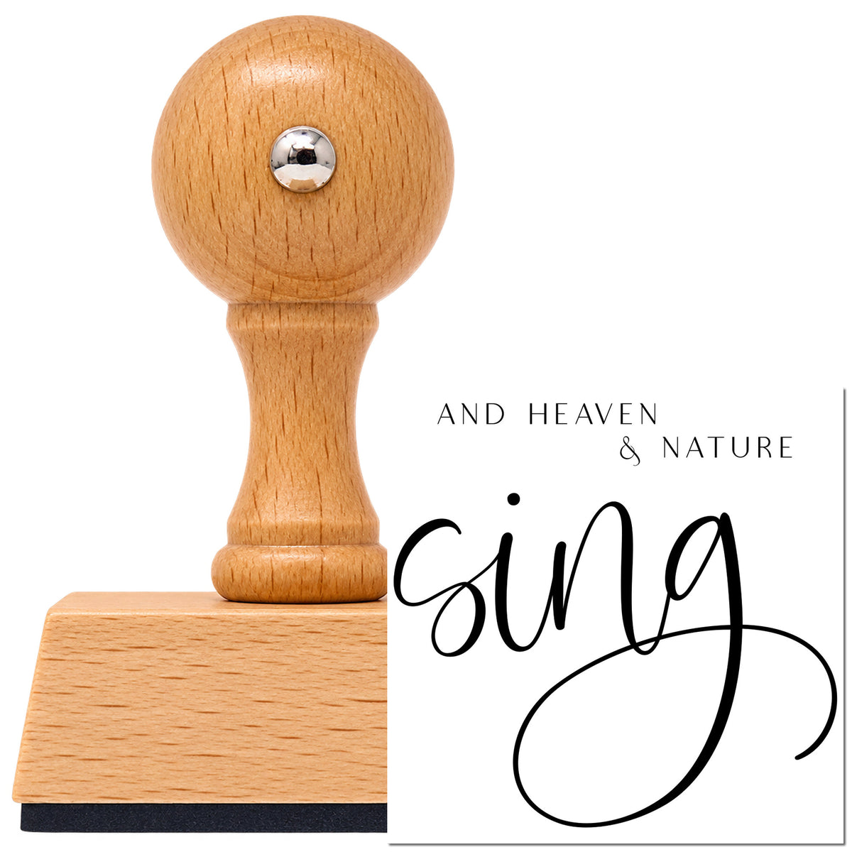 Vintage Pro beech wood stamp with a round knob handle, shown with its black Heaven And Nature Sing imprint on white.