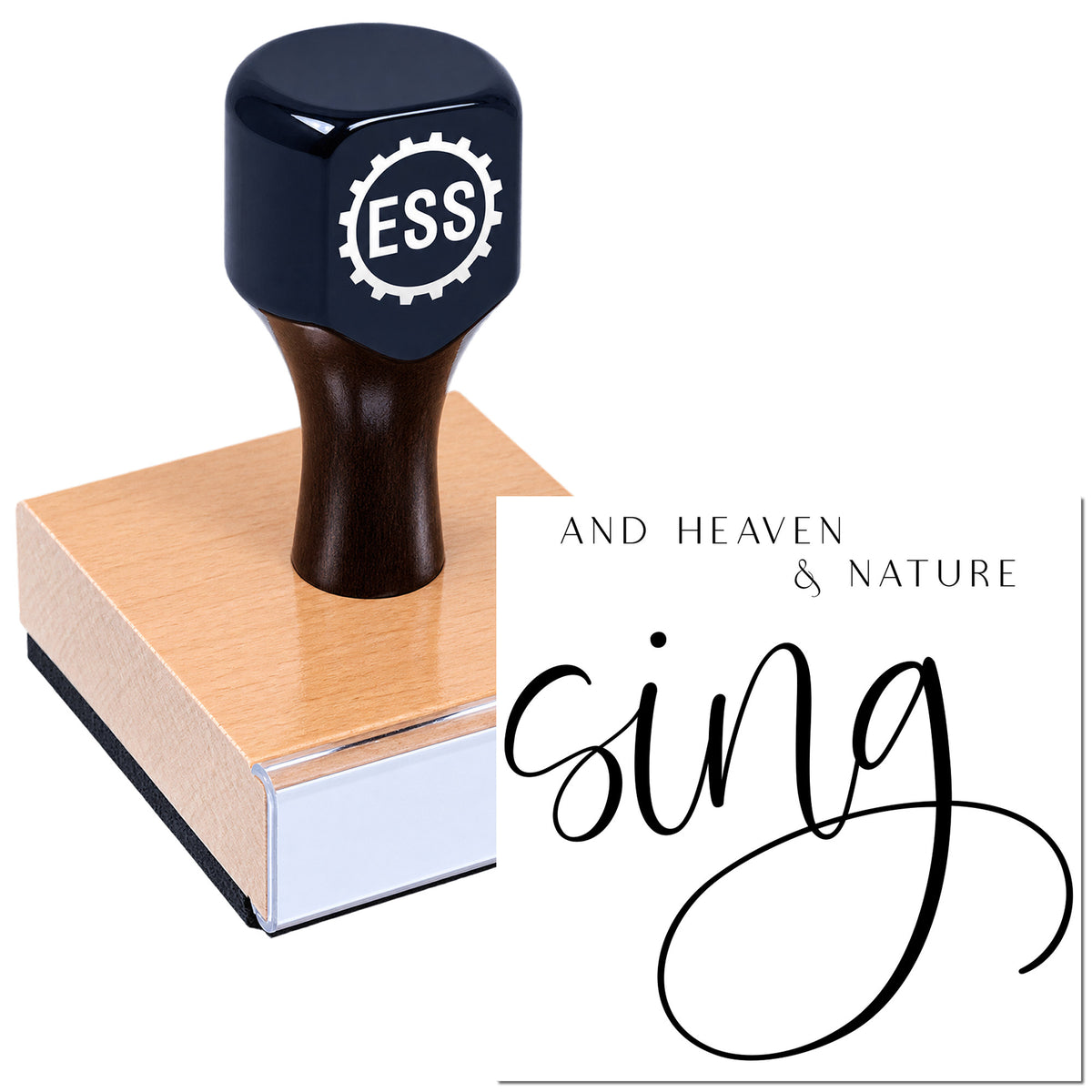 Black custom rubber stamp on a pink wooden seal block with ESS logo and "And Heaven & Nature Sing" branding.