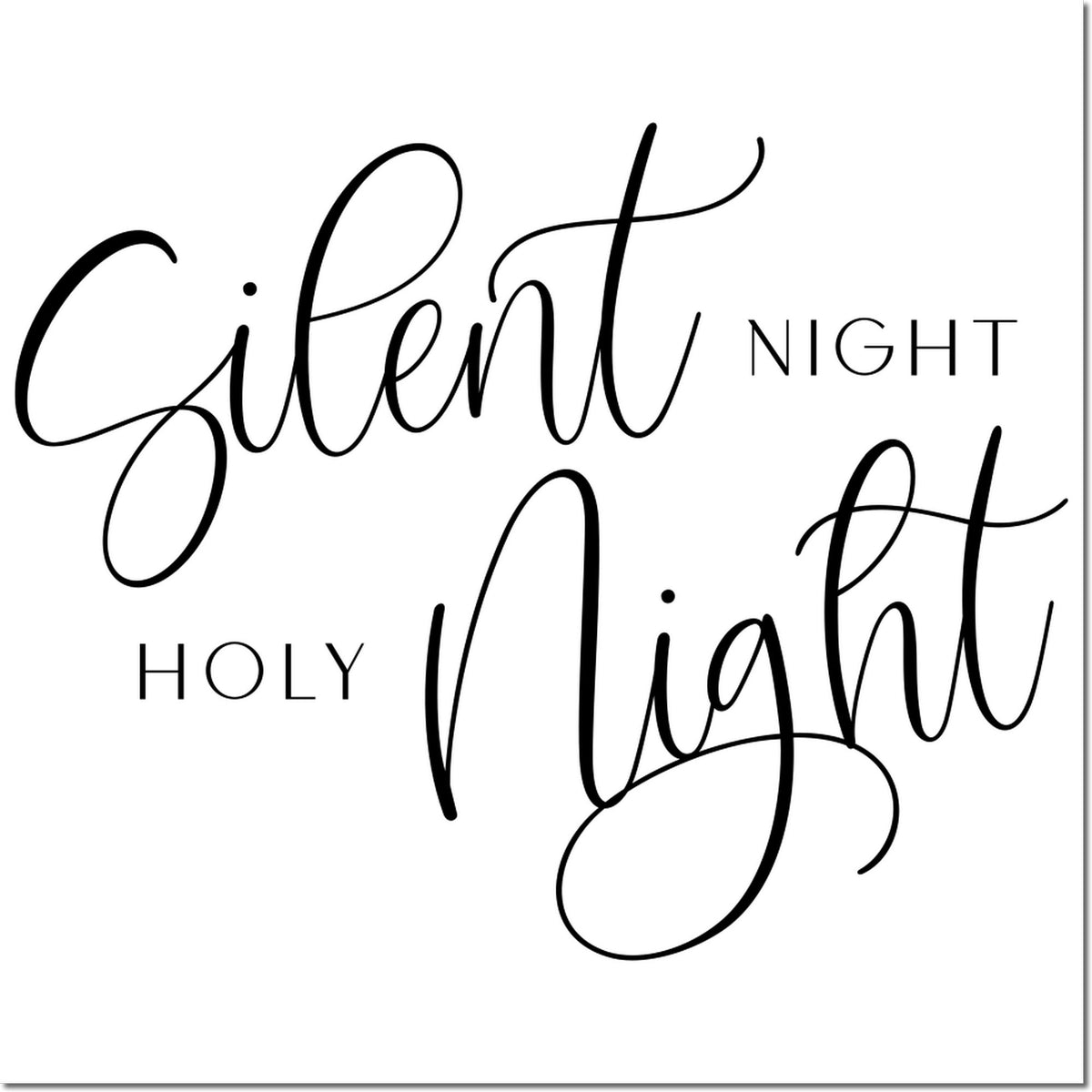 Black script Silent Night, Holy Night holiday stamp and seal design on white background.