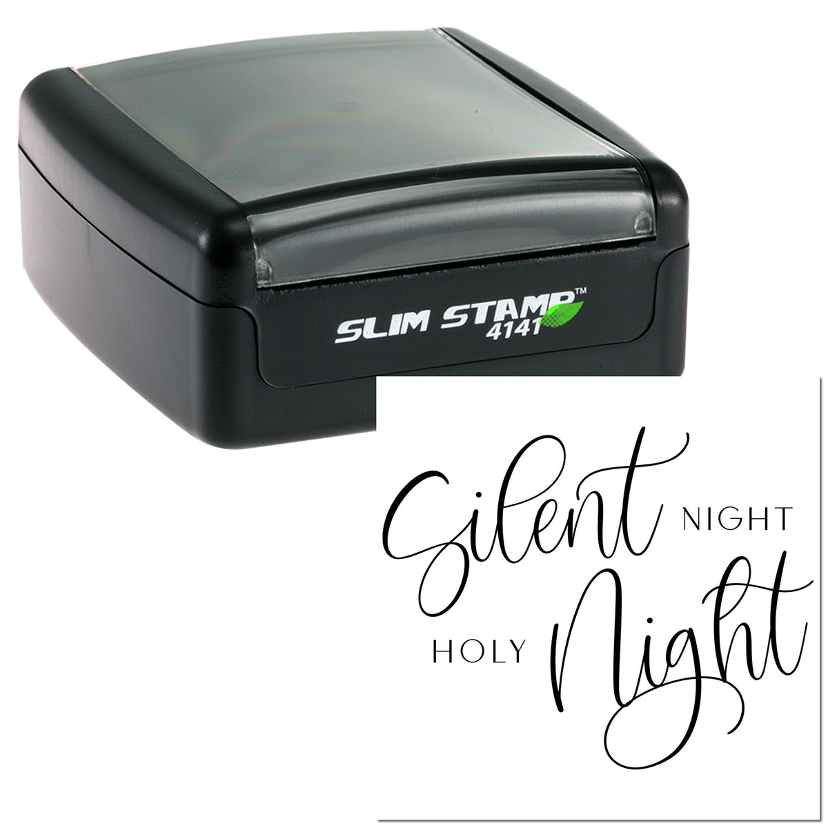 Black self-inking Slim Stamp 4141 with white seal reading Silent Night Holy Night in elegant script.