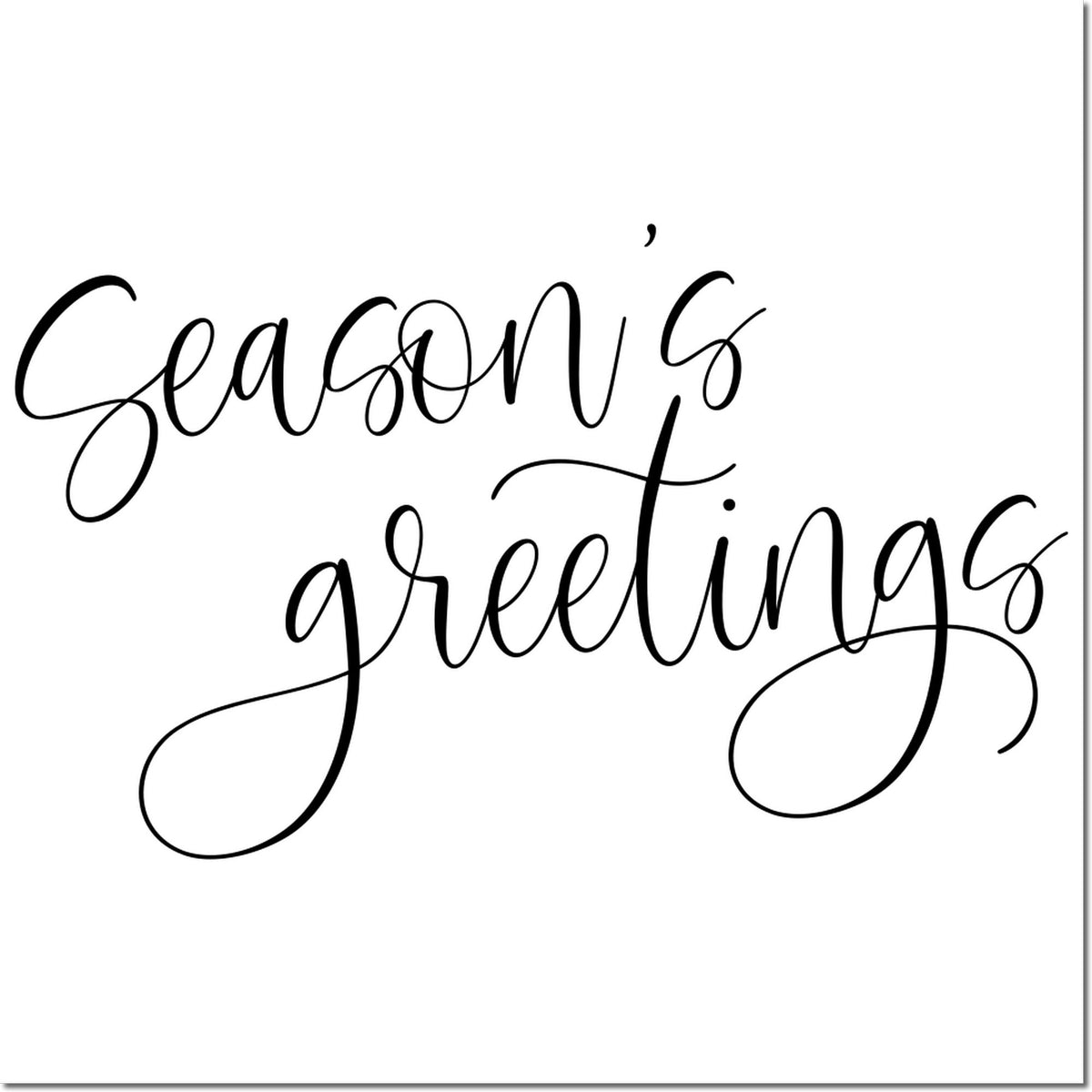 Black script Seasons Greetings stamp design on white background, with elegant flourishes and a festive seal style.