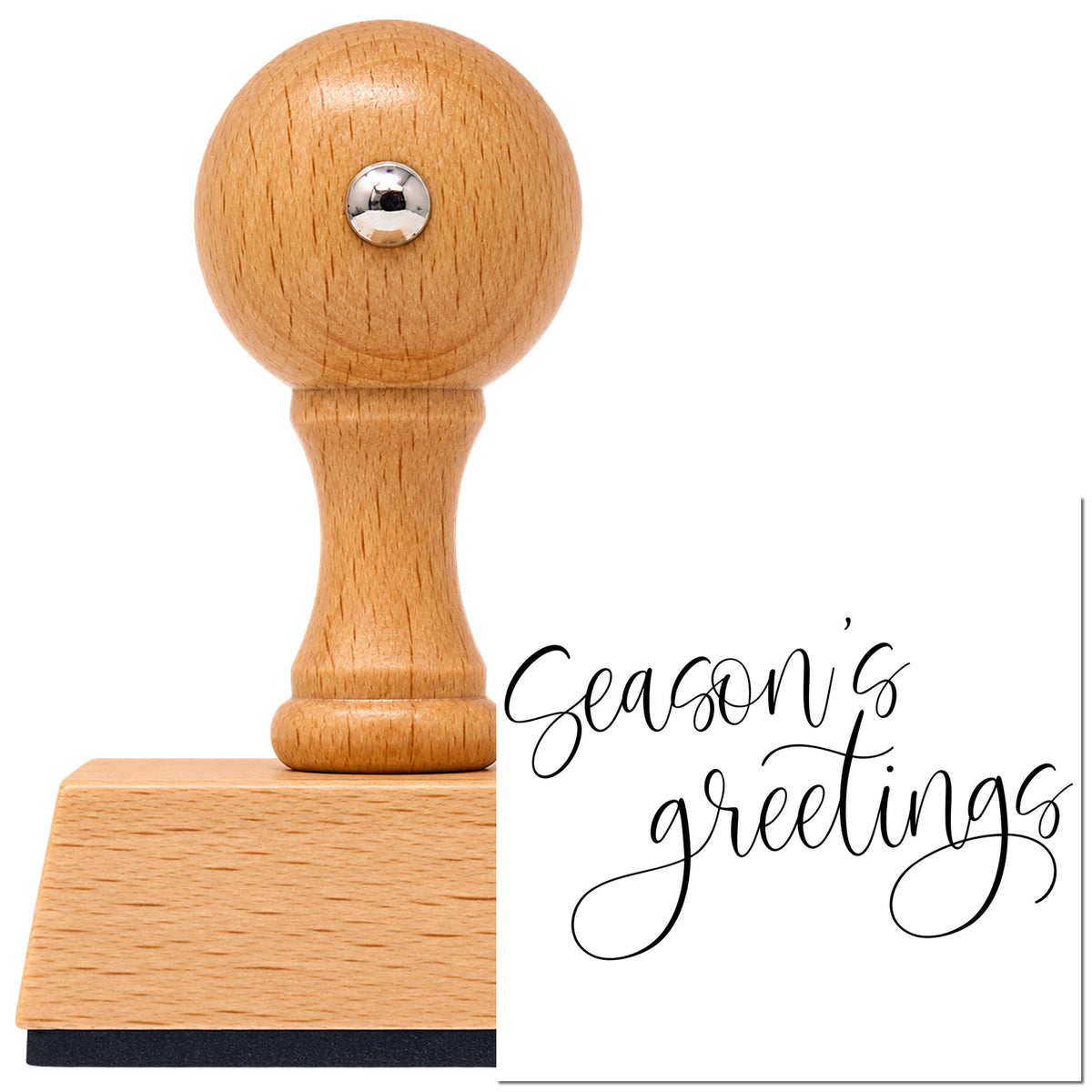 Vintage Pro beech wood stamp with a round knob handle, shown with its black Season's Greetings Fine Calligraphy Lettering imprint on white.