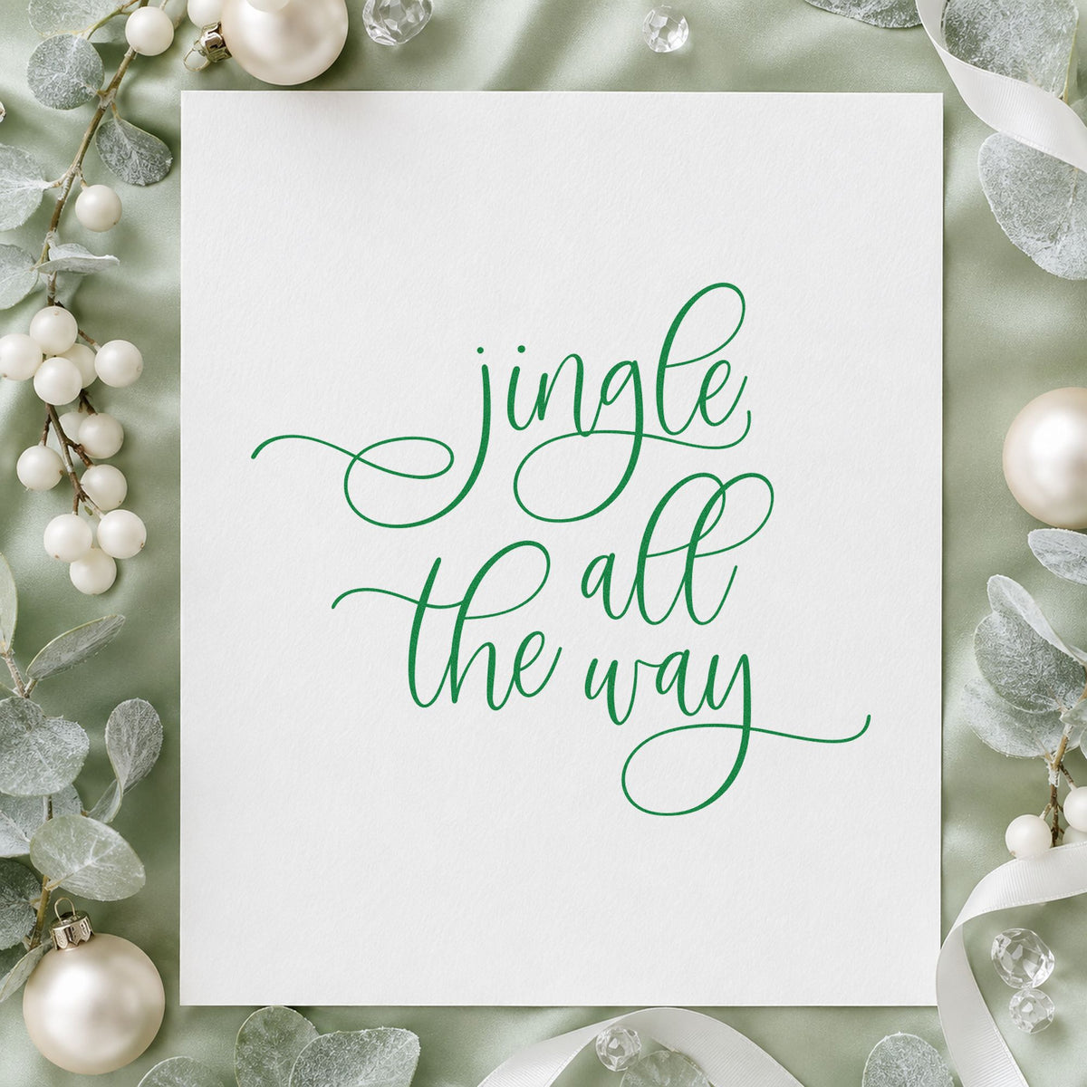 Jingle All The Way Loops craft stamp in green ink on cardstock, an easy option for tall album panel.