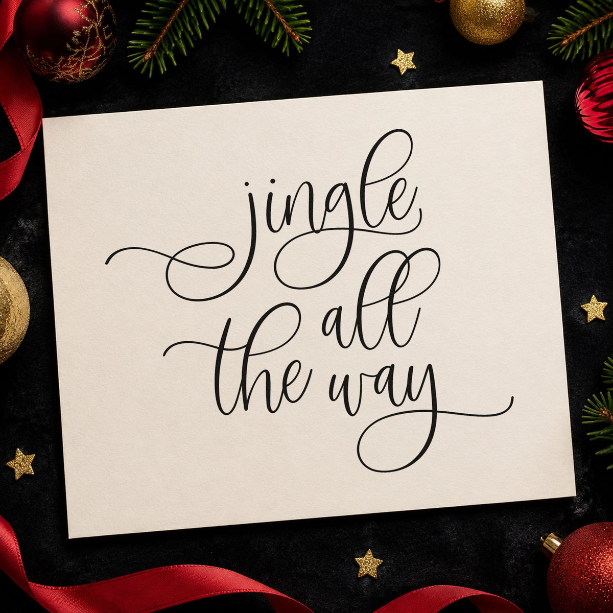 Jingle All The Way Loops craft stamp imprint in black ink on a handmade project, one idea being upright gift tags.