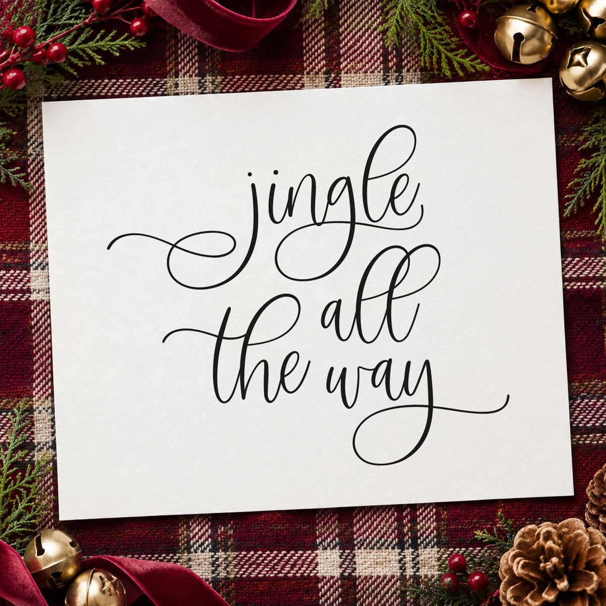 Jingle All The Way Loops rubber stamp printed in black ink, ready for three line script cards and similar paper crafts.