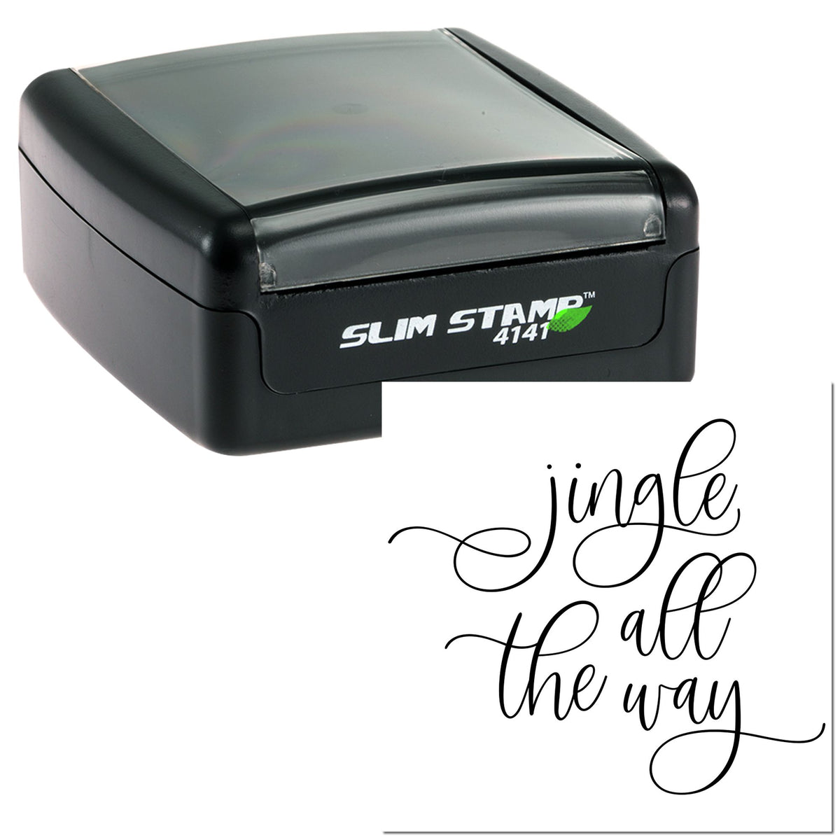 Black slim self-inking stamp with gray lid and cursive jingle all the way seal on a white background.