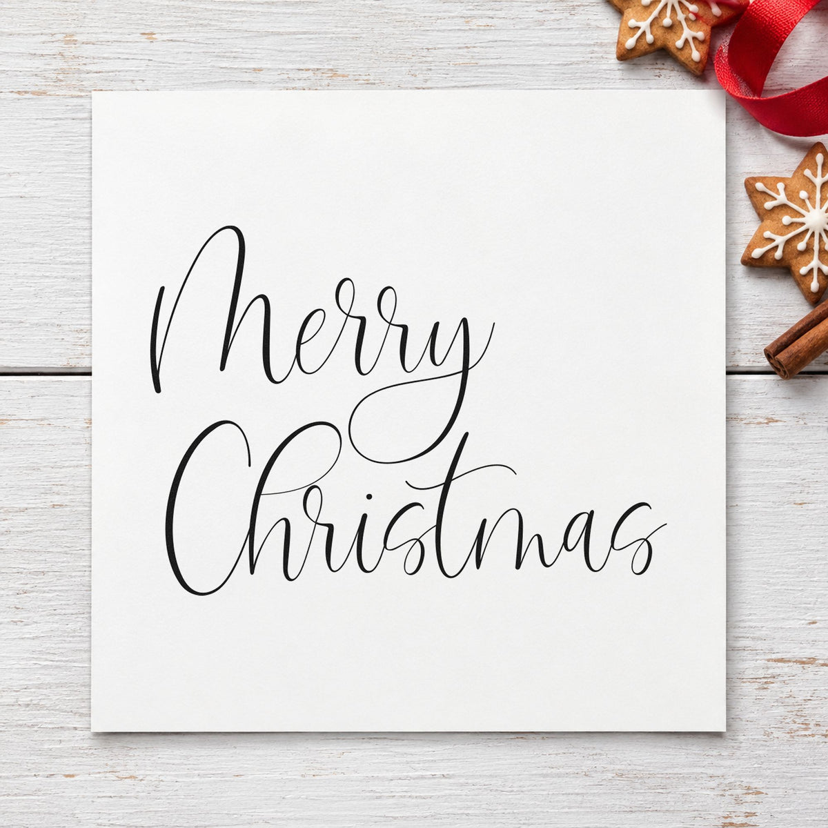 Merry Christmas Airy Calligraphy rubber stamp printed in black ink, ready for spare note sheet and similar paper crafts.