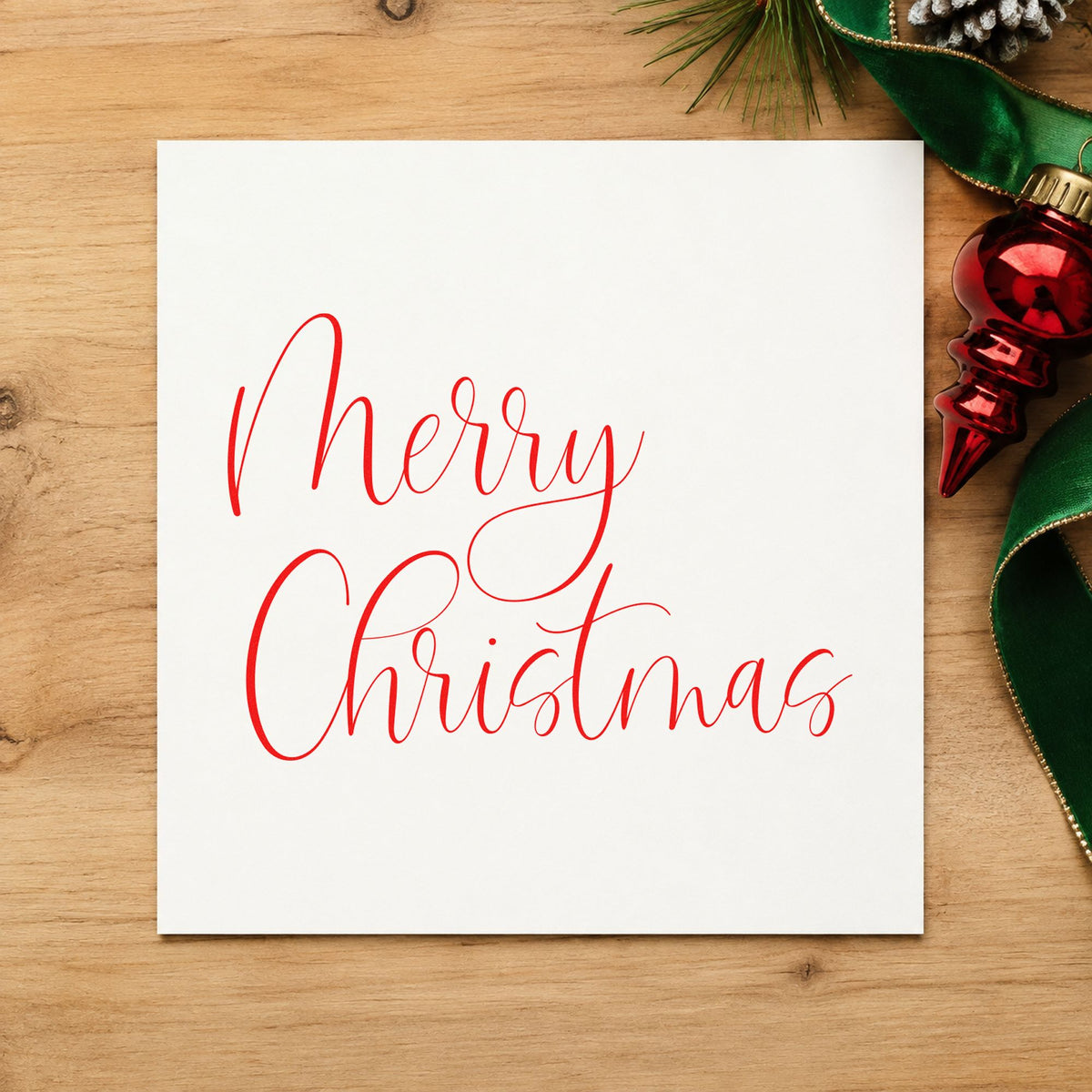 Merry Christmas Airy Calligraphy rubber stamp shown in red ink, stamped for projects such as jar front labels.