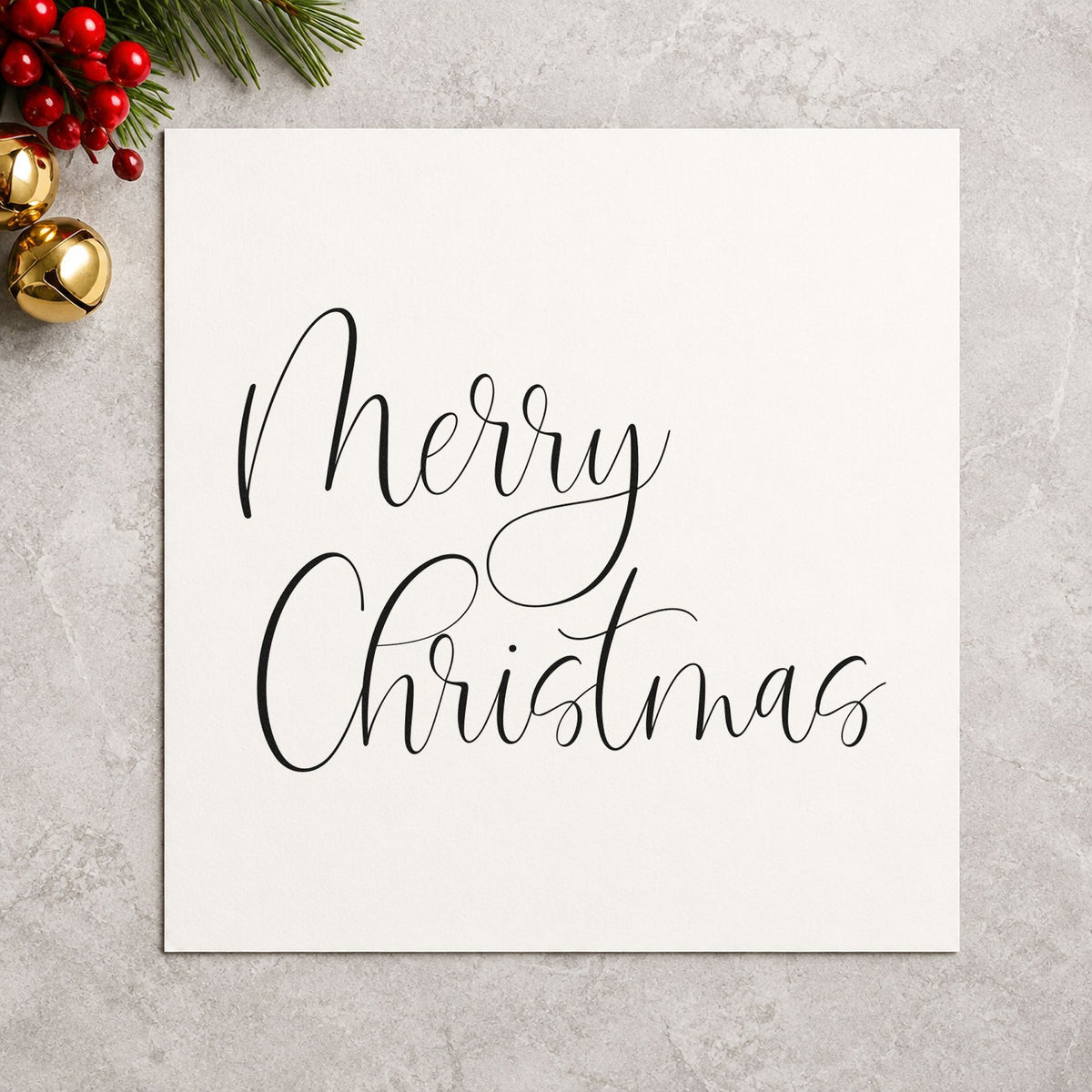 Merry Christmas Airy Calligraphy rubber stamp printed in black ink, ready for airy two line cards and similar paper crafts.