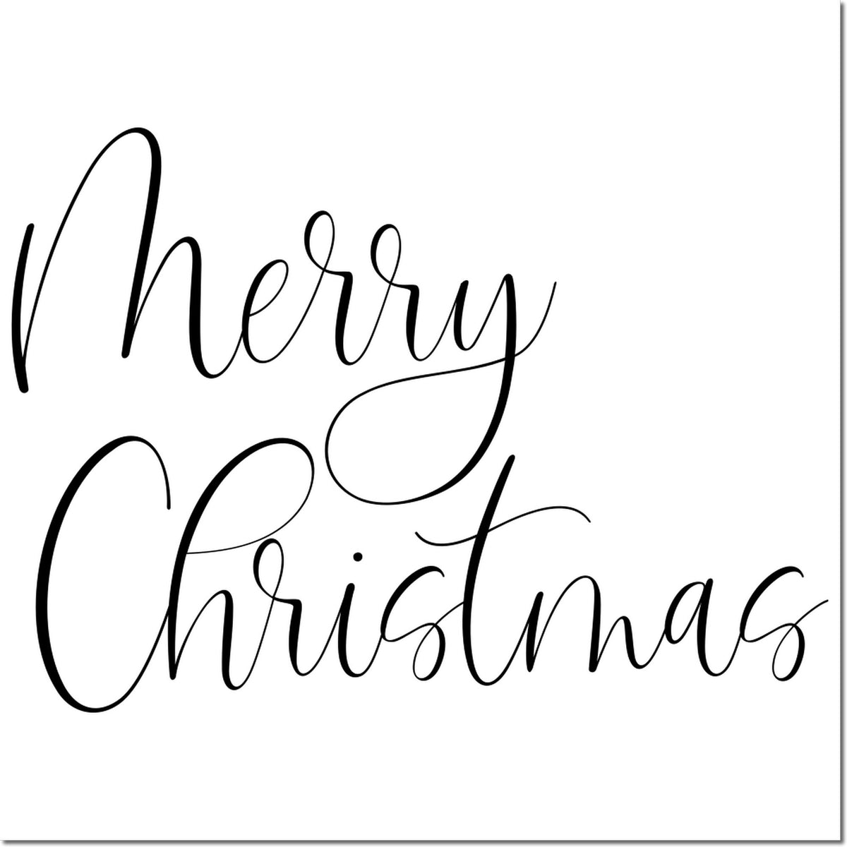 Black cursive Merry Christmas stamp design on white background, with elegant script seal for holiday packaging.