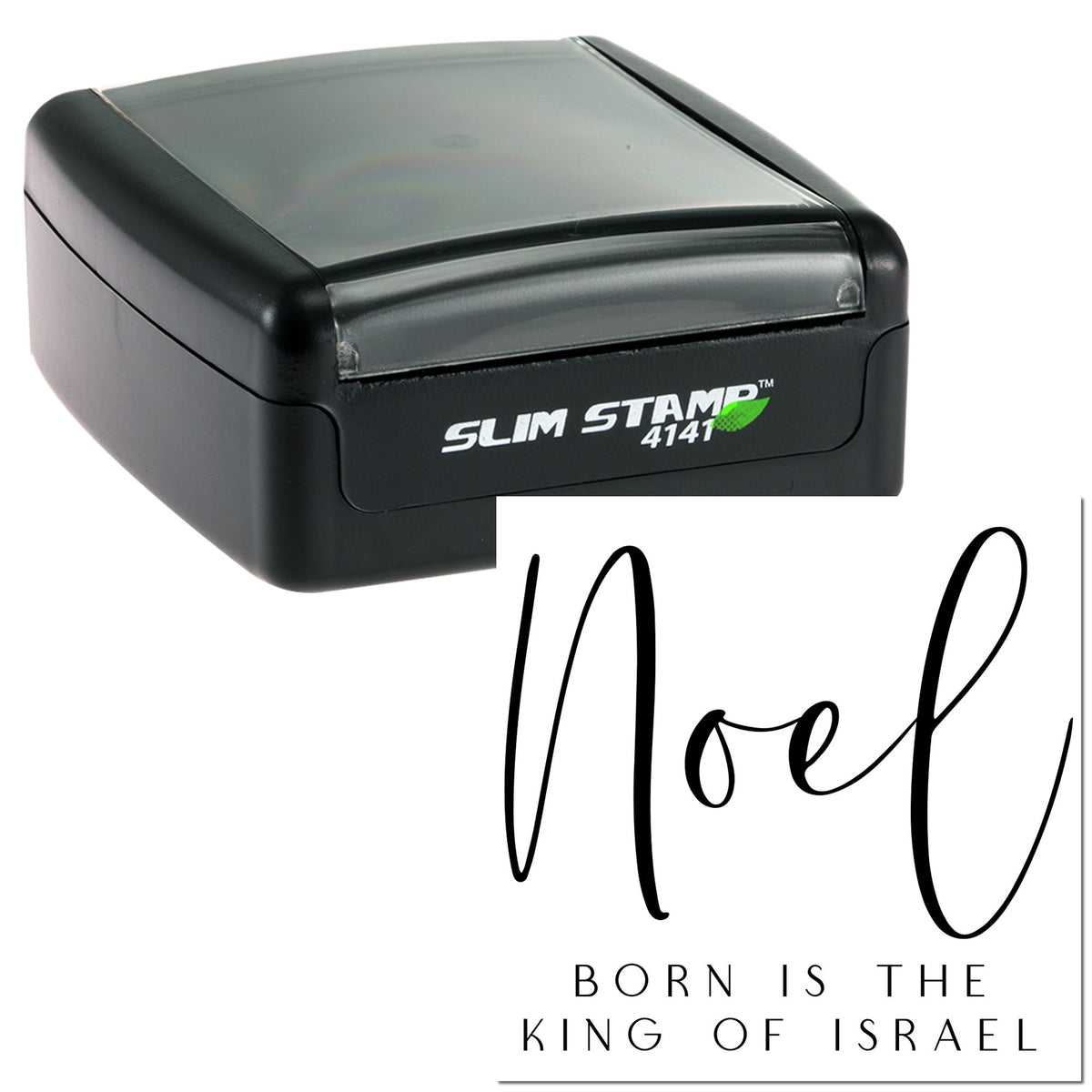 Black Slim Stamp 4141 self-inking stamp and seal with translucent gray cap and Noel script impression on white.