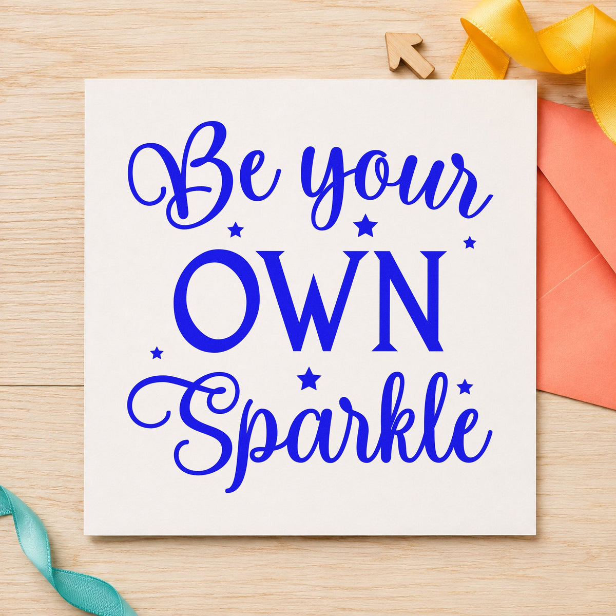 Be Your Own Sparkle craft stamp in blue ink on cardstock, an easy option for gym bag printing.