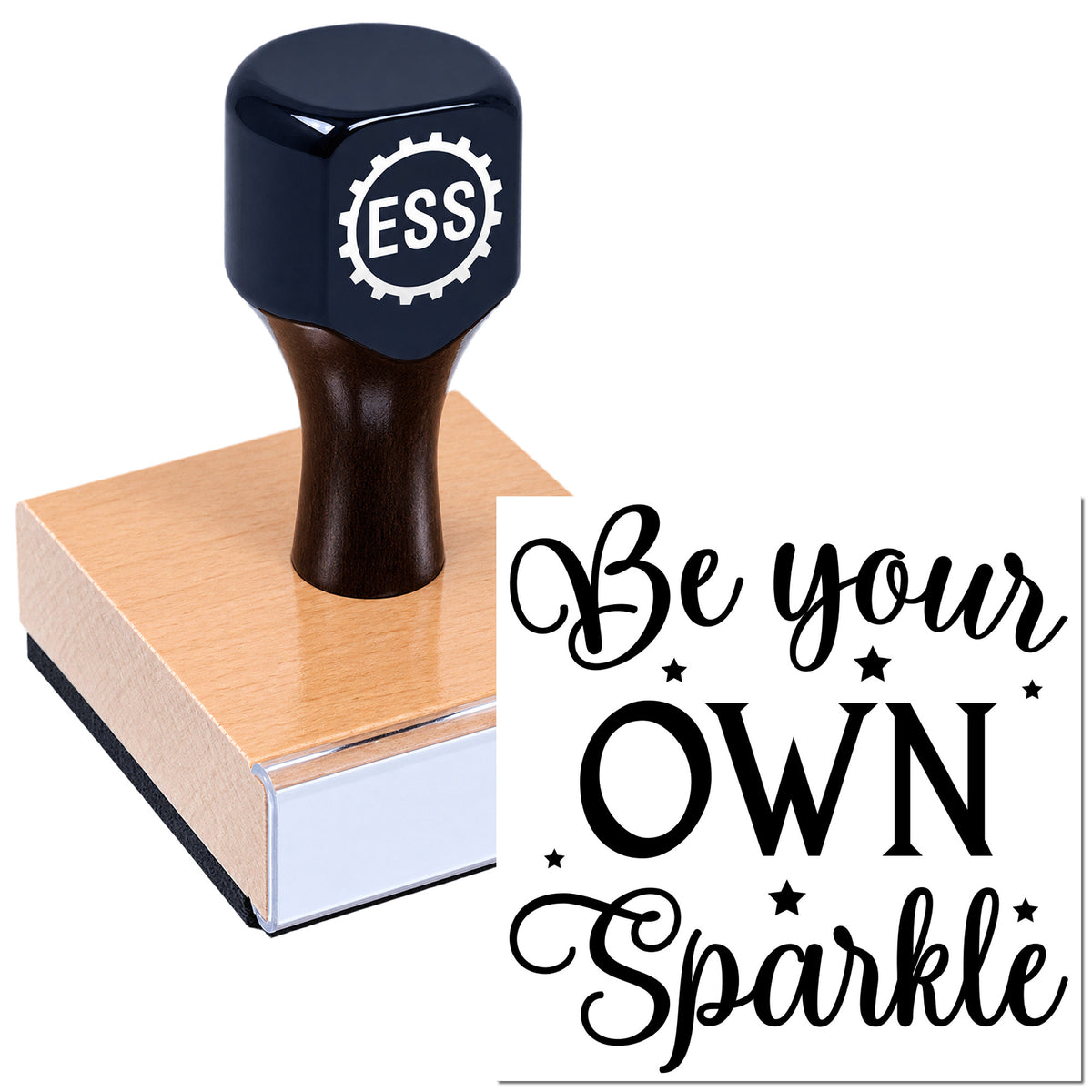 Navy and copper custom stamp and seal with "Be your own sparkle" text and star design