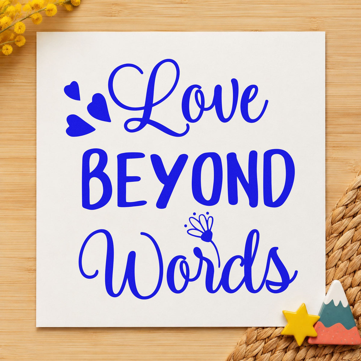 Love Beyond Words Hearts craft stamp imprinted in blue ink on paper, a design suited to framed bedside pair.