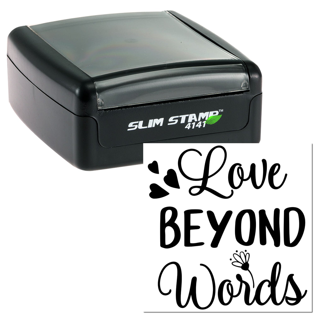 Black Slim Stamp 4141 self-inking stamp and seal with black Love Beyond Words script and heart accents